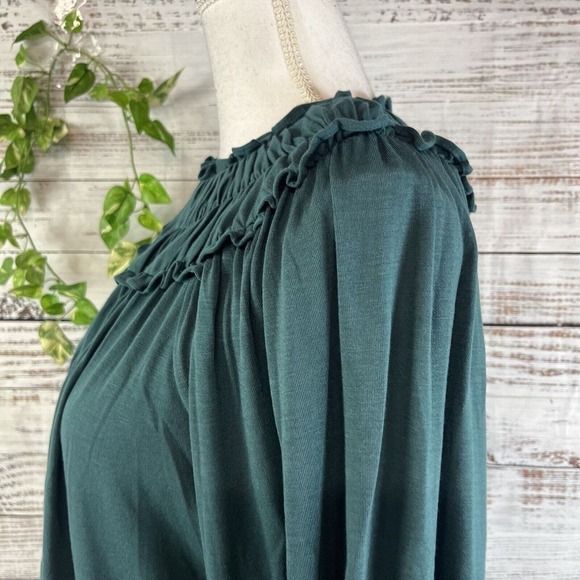 Ann Taylor Blouse Top sz Extra Small Teal Jersey Smocking Prairie Modest Stretch - Picture 9 of 14